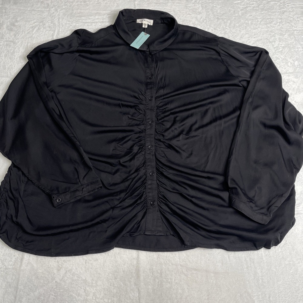 NWT Cloth & Stone x Anthropologie Black Ruched Classic Button Down Shirt 3XL